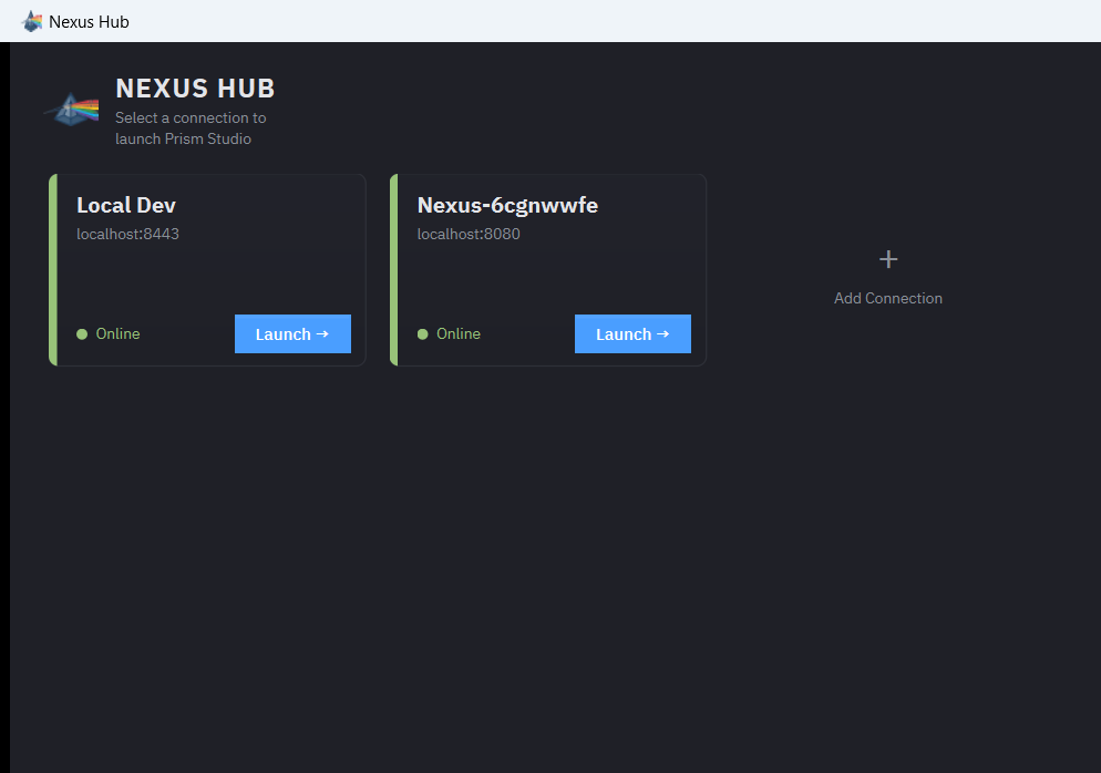 The Nexus Hub: a grid of gateway connections, each showing its address and online state, with a launch action.
